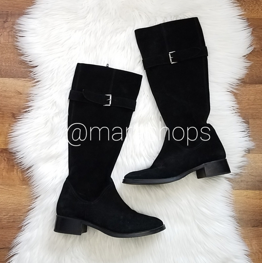 Sundance black suede knee high buckle boots